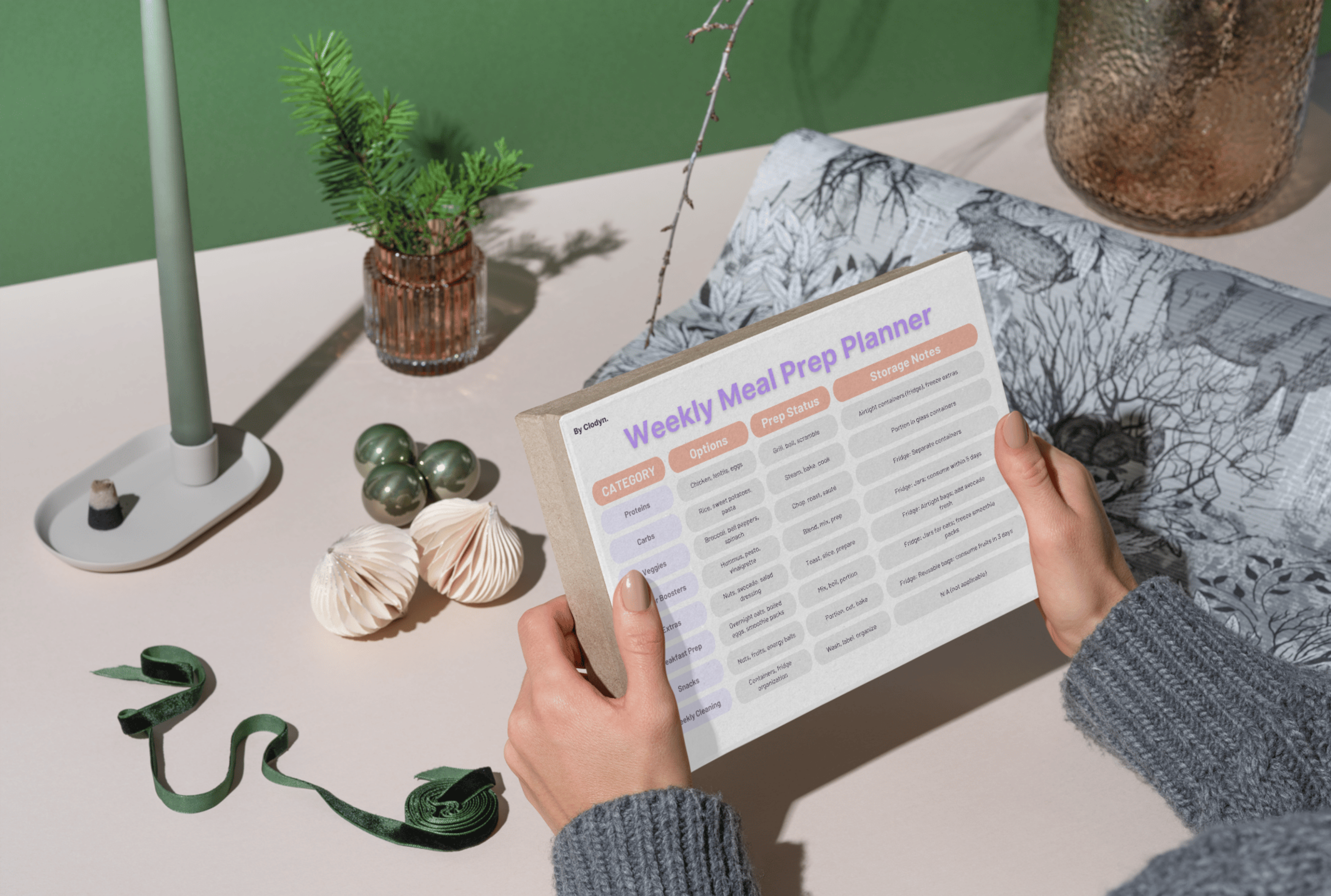 Meal prep template featuring a clean and modern design. The layout includes sections for organizing weekly meals, listing ingredients, and planning portion sizes. The template is visually appealing, with minimalist elements and clear typography for easy use.